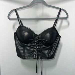 Black Lace-Up Leather Crop Top